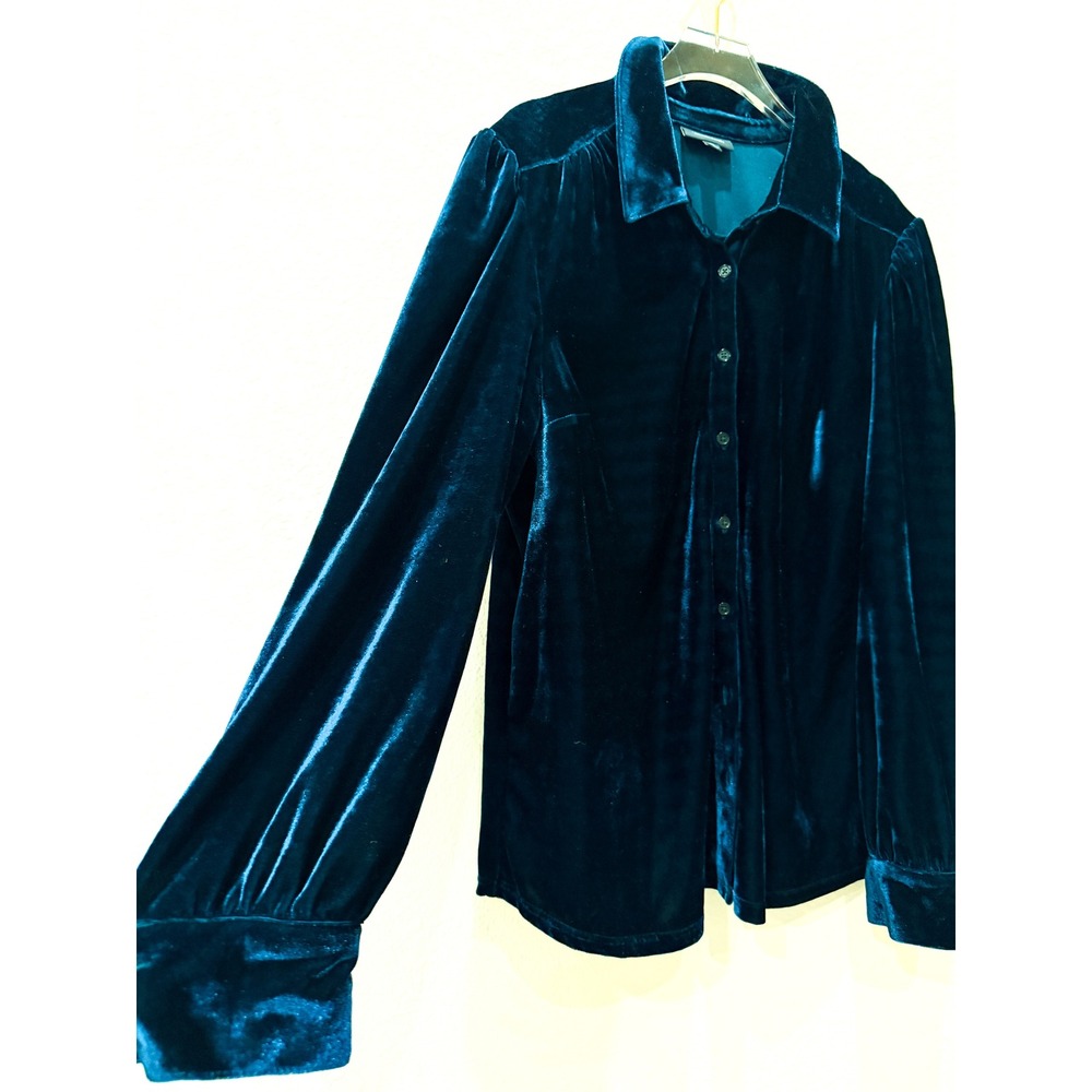 ModCloth Velvet Blouse Womens XL Deep Teal Button Down Long Sleeve Winter - Picture 8 of 8